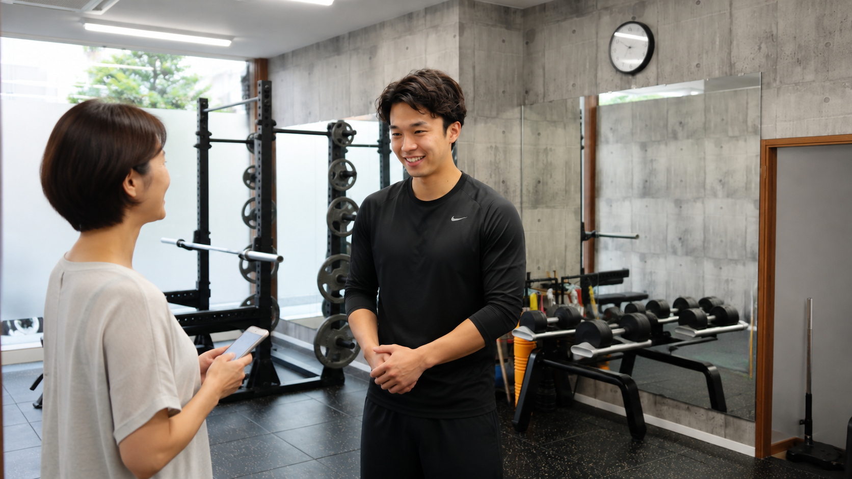 リーチェ四條畷店の店内で初回体験に来店したお客様を迎えるトレーナー