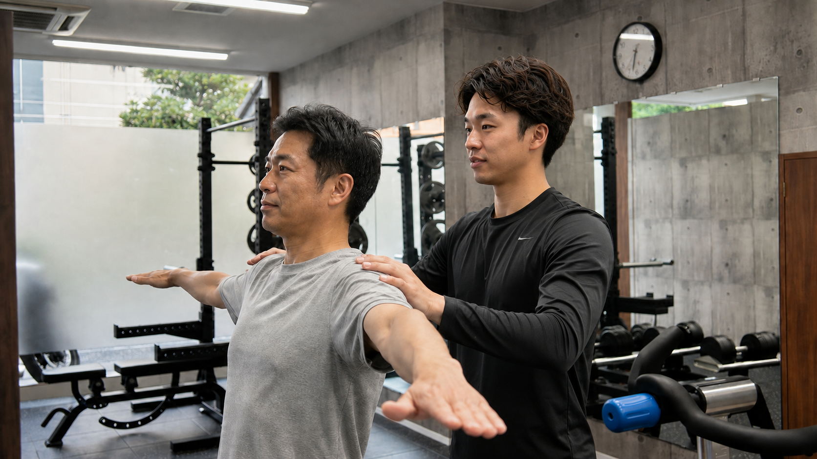 リーチェ四條畷店の店内で姿勢や肩の動きを確認するトレーニング風景